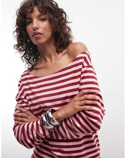 Collusion Red Long Sleeve Off The Shoulder Stipe Top