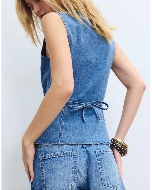 Stradivarius Blue Fitted Denim Top