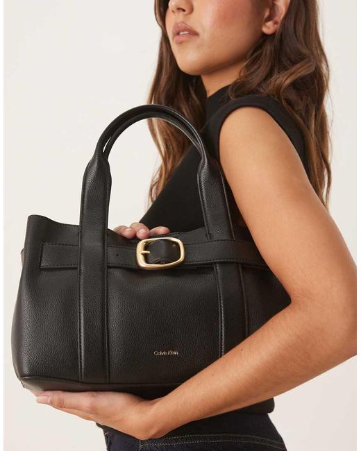 Calvin Klein Black Leather Buckle Mini Tote Bag