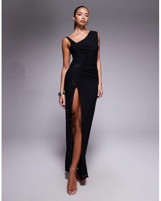chinese dress ladies V-Neck Cut Out Split Maxi Dress Black / XL