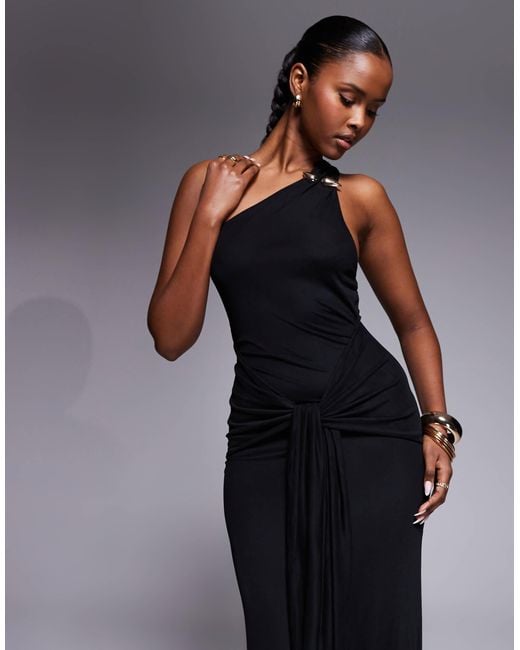 ASOS Blue Mesh One Shoulder Trim Detail Maxi Dress With Drape Tie Front