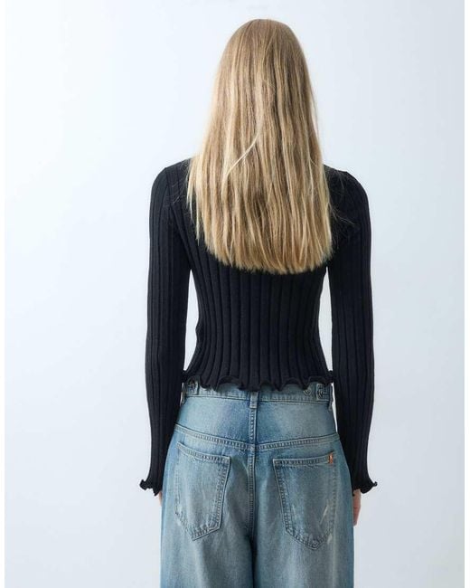 ASOS Blue Wide Rib Knit Frill Cuff And Hem Cardigan