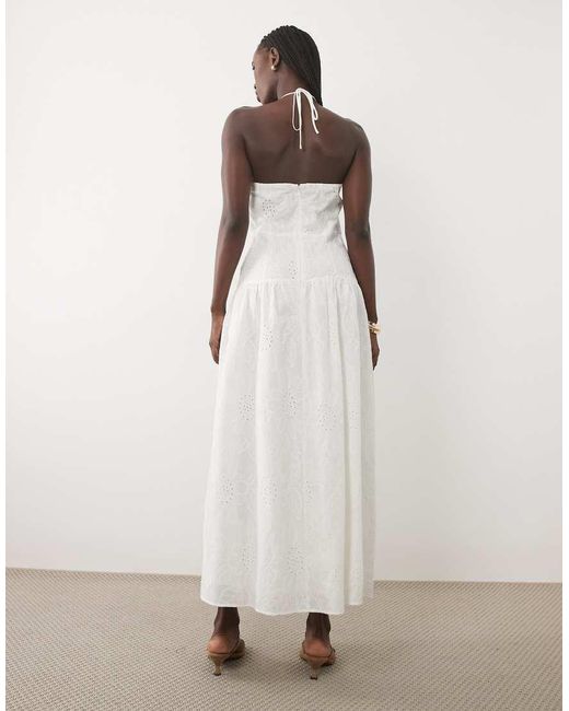 Mango White 100% Cotton Halterneck Embroidered Maxi Dress