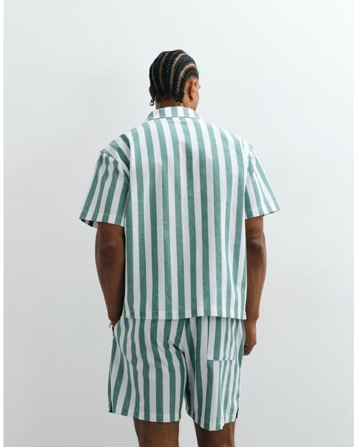 Prohibited Blue Coastline Revere Collar Stripe Shirt Co-Ord for men