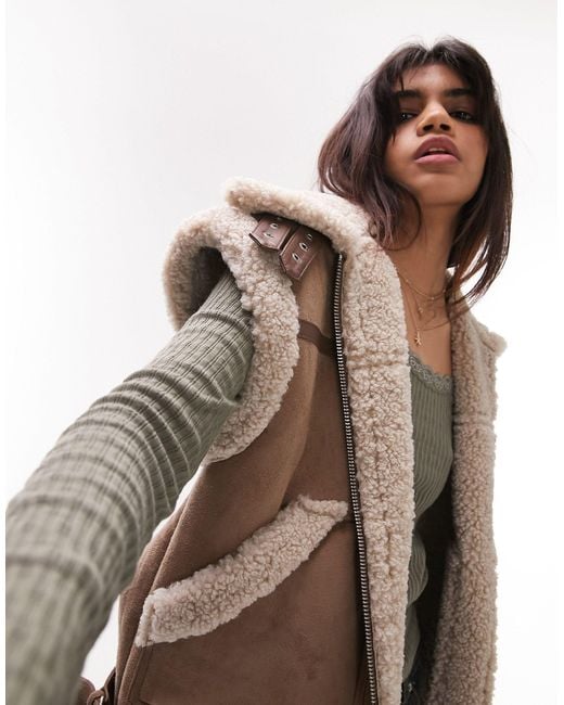 TOPSHOP Brown Faux Shearling Oversized Aviator Vest