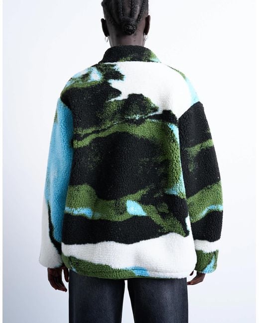 TOPSHOP Blue – mehrfarbige jacke aus teddyfleece mit trendigem, abstraktem muster