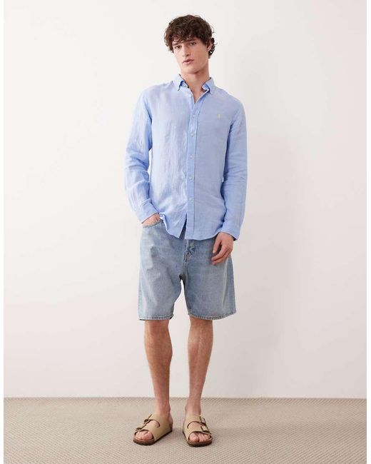 Polo Ralph Lauren Blue Icon Logo Long Sleeve Linen Shirt for men