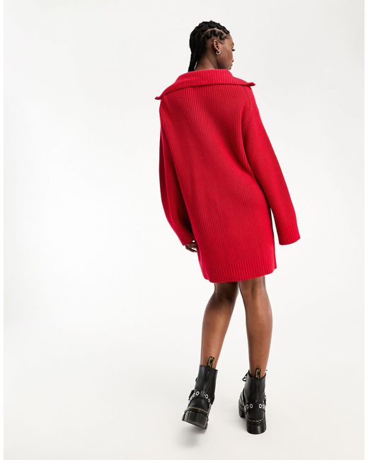 Weekday Red Grace Half Zip Mini Jumper Dress