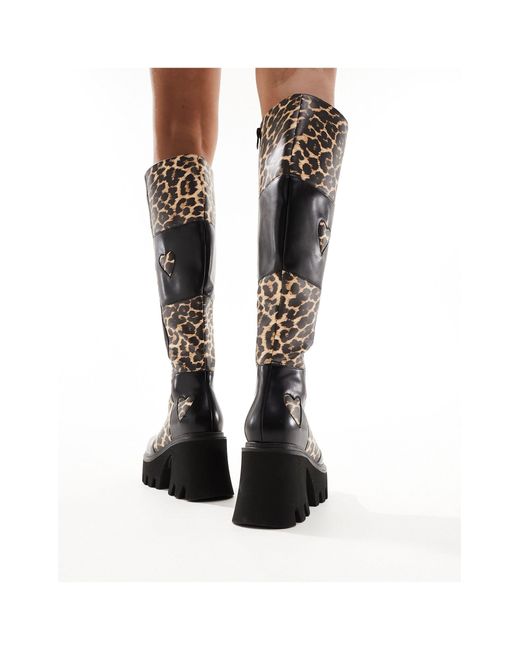 Lamoda Black – booming – klobige kniehohe patchwork-stiefel mit leopardenmuster und herzmuster