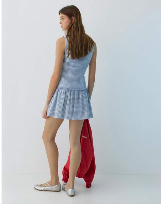 Pull&Bear Blue Short Checked Dress With Voluminous Hem