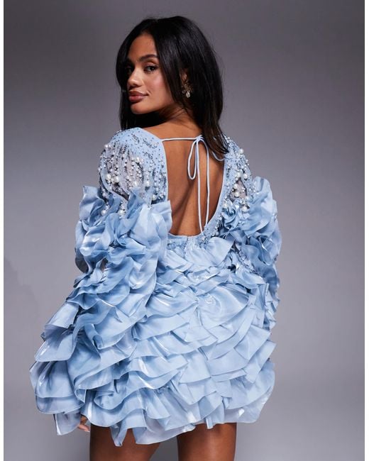 ASOS Blue Embellished Long Sleeve Ruffle Mini Dress