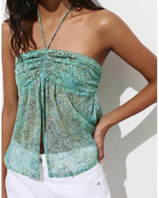 Pull&Bear Green Gathered Beaded Top