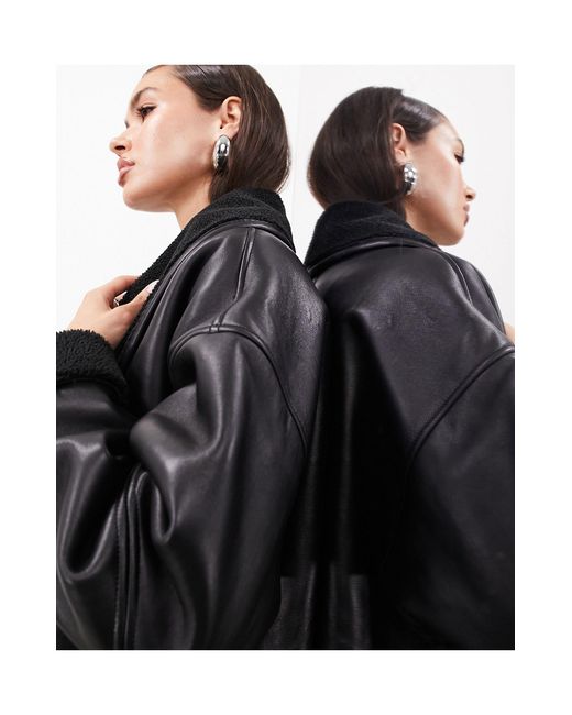 ASOS Black Oversized Real Leather Borg Lined Jacket
