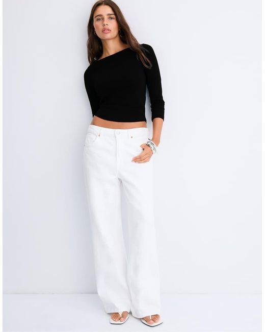 Stradivarius White Boat Neck 3/4 Sleeve T-shirt