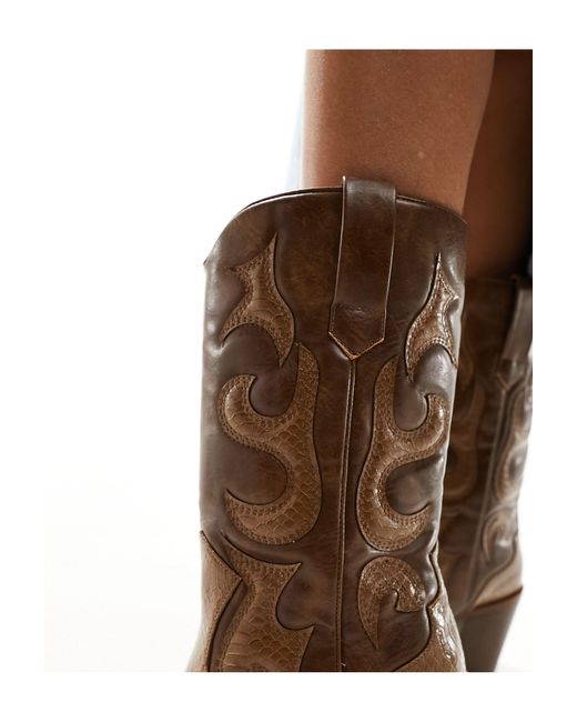 Public Desire Brown Texas Western Mid Ankle Boot With Snake Print