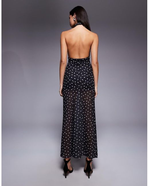 ASOS Blue Mesh Cross Over Halterneck Detail Maxi Dress With Sheer Skirt