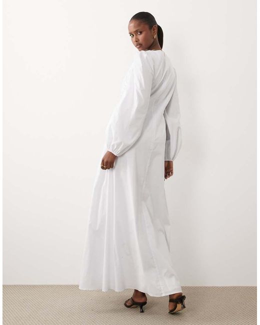 DASKA White Asymmetric Ruched Balloon Sleeve Maxi Dress