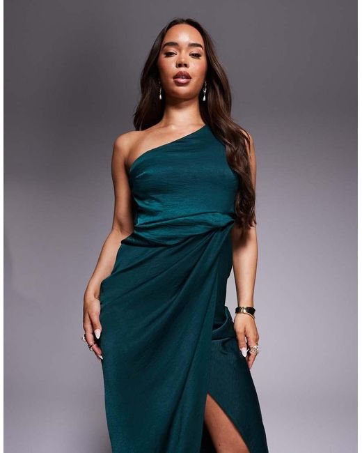 ASOS Blue One Shoulder Satin Knot Detail Maxi Dress