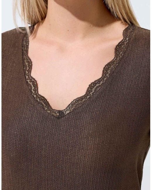 Yours Clothing Brown Textured Lace Trim Top