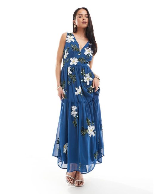 Maya Blue Floral Embellished V Neck Midaxi Dress