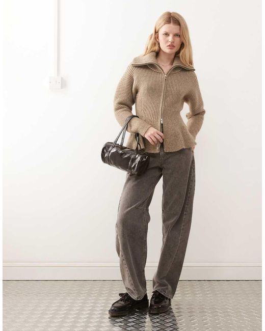 Monki Natural Double Zip Cinch Cardigan With Peplum Hem