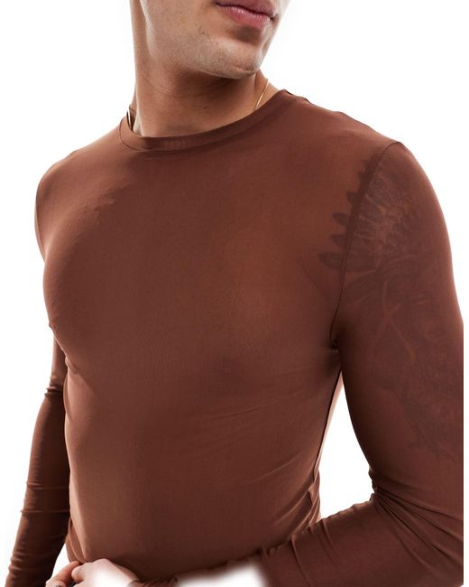 ASOS – langärmliges, körperbetontes t-shirt aus netzstoff in Brown für Herren