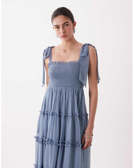 LACE & BEADS Blue Chiffon Dobby Bow Shoulder Shirred Ruffle Midi Dress