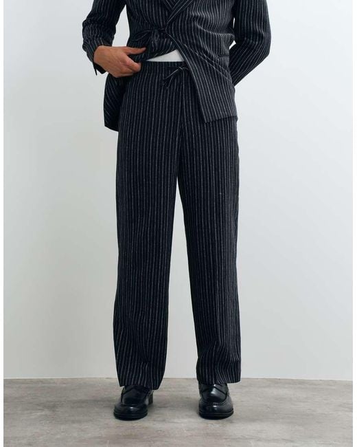 ASOS Blue Wide Linen Rich Suit Trouser With Elasticated Waist for men