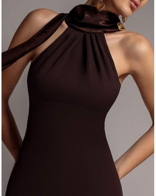 Goddiva Brown Sculpting Stretch Jersey & Velvet Satin Halterneck Maxi Dress With Back Sash