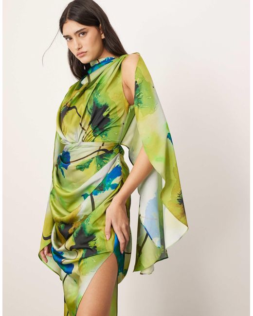 Robe longue en satin à manches oversize avec fronces - imprimé fleurs encre ARRANGE en coloris White