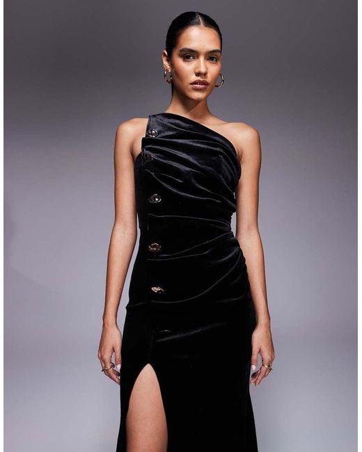 ASOS Blue Premium Velvet One Shoulder With Pleated Detail Maxi Dress With Gold Hardware
