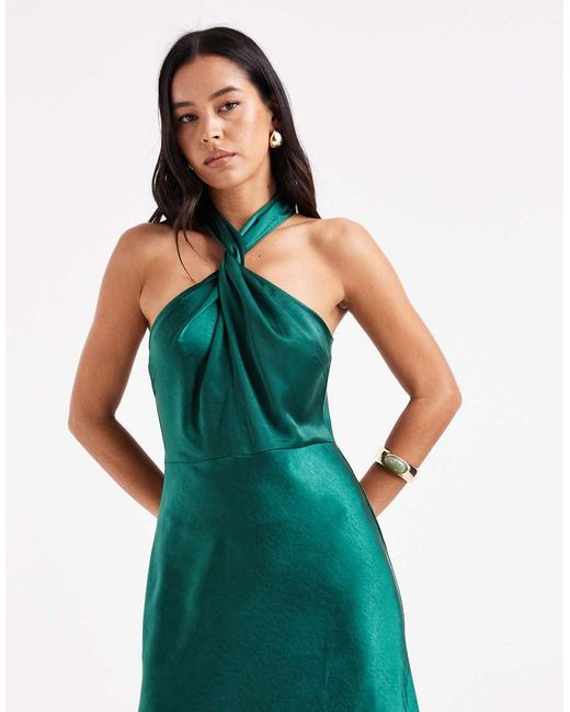 Six Stories Green Bridesmaid Satin Twist Detail Halter Neck Maxi Dress