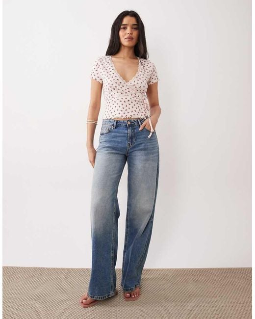 Miss Selfridge Blue Pointelle Lettuce Detail Wrap Top