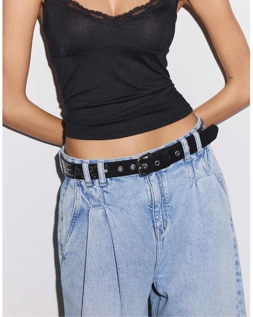 Stradivarius White Studded Slogan Belt
