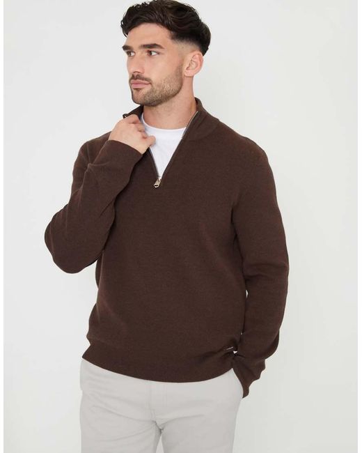 Threadbare Brown Cotton Blend Knitted Quarter Zip Jumper for men
