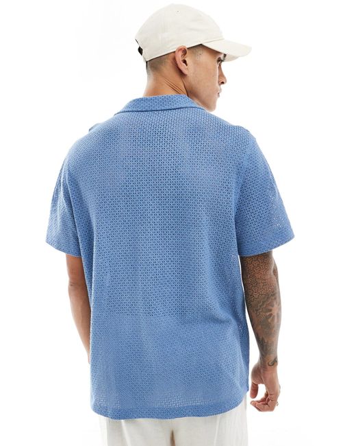 ASOS Blue Short Sleeve Relaxed Deep Revere Cotton Basket Texture Shirt for men