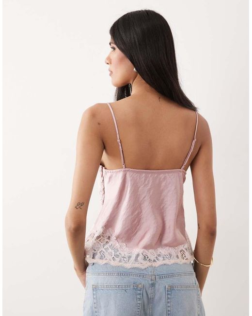 Abercrombie & Fitch Pink Satin V Neck Lace Detail Cami Top