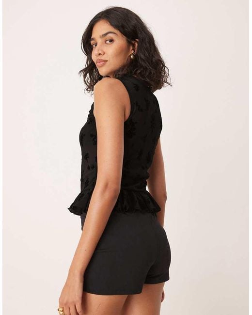 ASOS Black Flocked Mesh Ruched Top With Peplum Hem