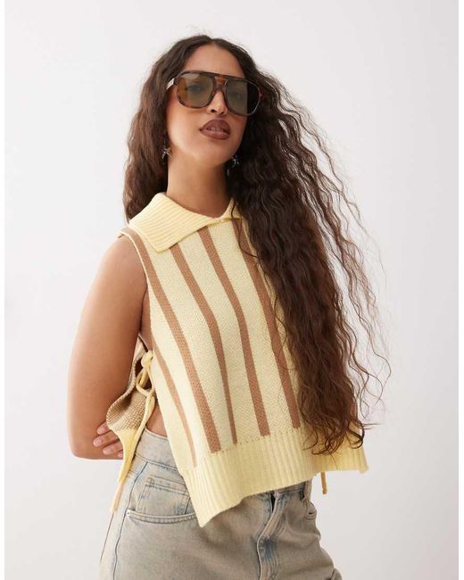 Collusion Natural Knitted High Collared Neck Singlet With Tie Sides-yellow