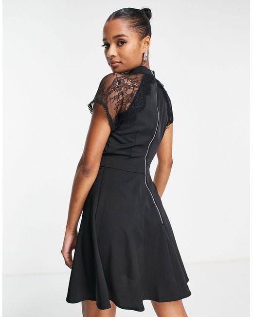 Liquorish Black Embellished Front A Line Mini Dress With Sheer Lace Detail Sleeves