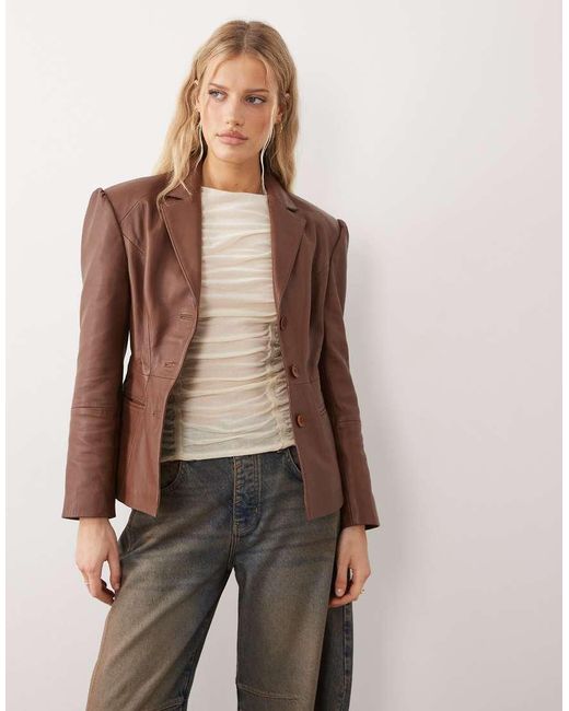 Urbancode Brown Fitted Leather Blazer Jacket