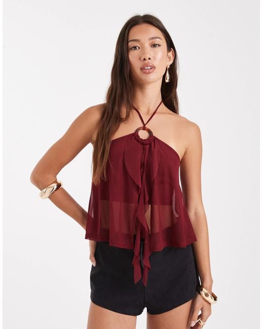 Miss Selfridge Red O Ring Ruffle Split Front Top