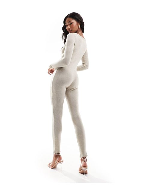 Missy Empire Natural – gestrickter, langärmliger jumpsuit im sport-design