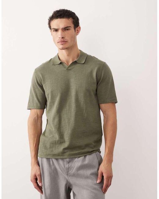 Jack & Jones Green Open Colar Knitted Polo for men