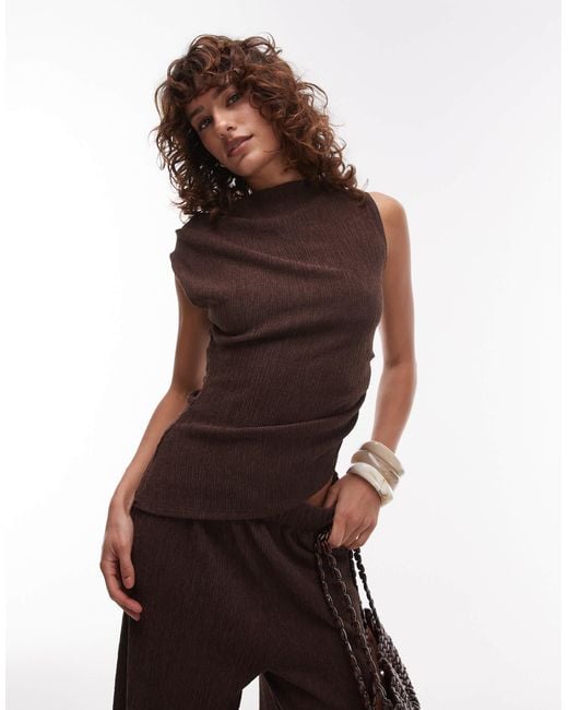 TOPSHOP Brown Textured Asymmetric Ruched Tank