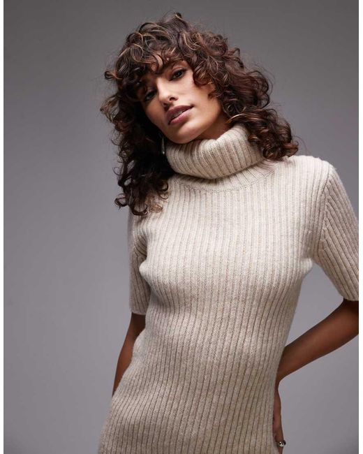 ARKET Natural Co-Ord Wool And Cotton Blend Soft Knitted Rib Short Sleeve Sweater With Roll Neck