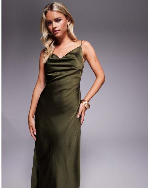 New Look Satijnen Midi-Jurk Met Gedrapeerde Halslijn in het Green
