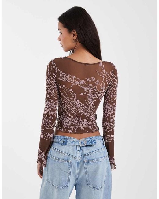 Motel Brown Yamuna Long Sleeve Moonlit Blossom Scoop Neck Top