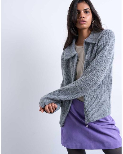 TOPSHOP Gebreid Vest Met Kraag En Rits Met Ring in het Blue