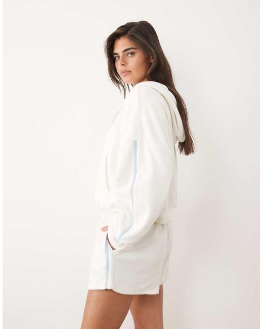 Kaiia White Cotton Rich Embroidered Logo Side Stripe Towelling Shorts Co-ord